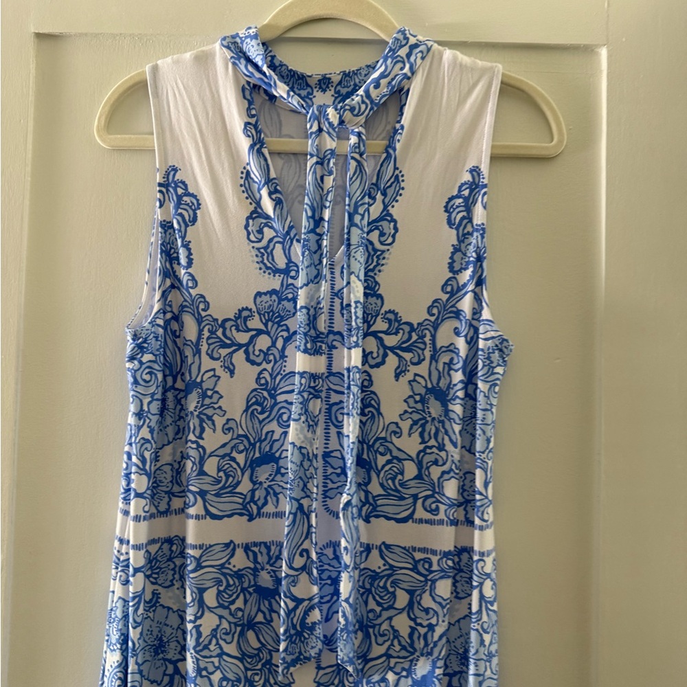 White & Blue Sleeveless Maxi Dress - Elegant Printed Summer Dress - Picture 3 of 6